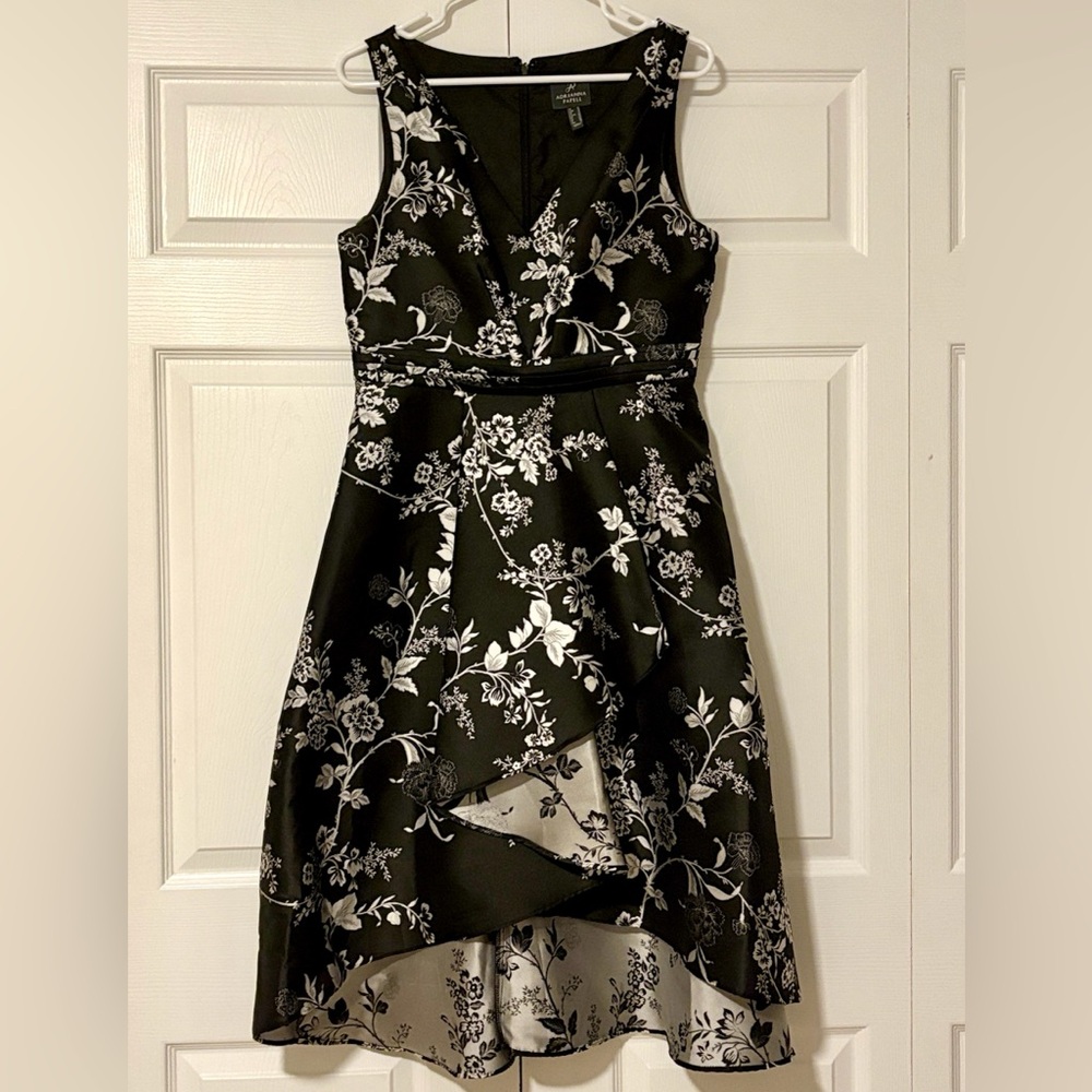 Adrianna Papell Black and Silver Jacquard Floral High-Low Dress w/pockets
